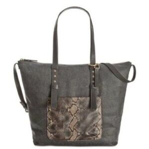 Lucky Brand Gray Snakeskin pocket canvas Denim Leather Tote Bag Boho cowgirl